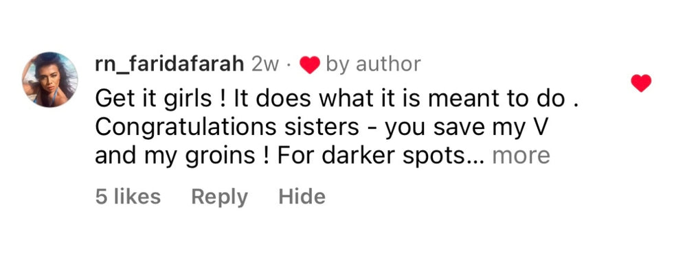 Customer testimonial praising natural skincare for intimate areas, effective for dark spots and irritation.