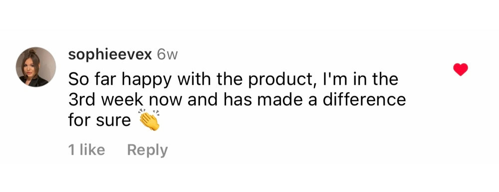 User review praising natural skincare product for noticeable difference after 3 weeks of use, perfect for all skin types.
