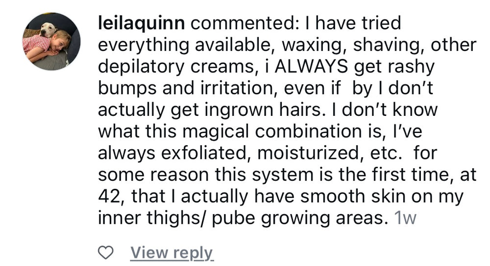 Testimonial about effective skincare for intimate areas, soothing irritation, and achieving smooth skin.