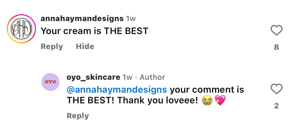 Comment thread praising a natural skincare cream, highlighting customer satisfaction and engagement.