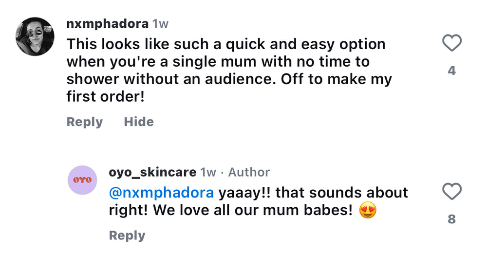 Comment thread about quick skincare solutions for busy single moms; supportive community vibe embraced by oyoskincare.