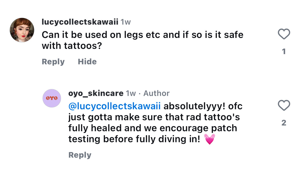 Instagram Q&A on skincare safety for legs and tattoos with supportive advice for patch testing.