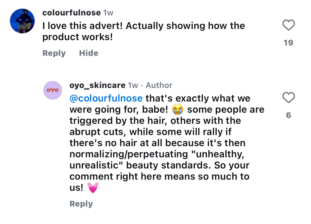 Social media comments highlighting effective skincare for all beauty standards and showing product results.
