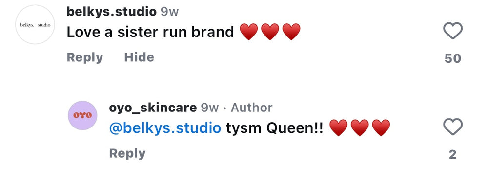 Positive comments celebrating a sister-run skincare brand, showcasing community support and love.