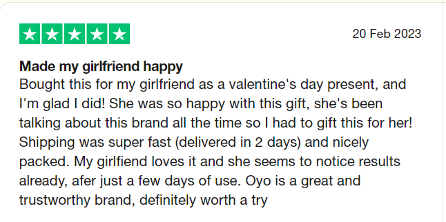 Customer review highlighting a happy Valentine's gift experience with quick shipping and effective skincare.