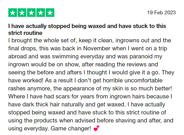 Positive review highlighting effective skincare routine for women to reduce ingrowns and irritation, keeping skin soft and nourished.