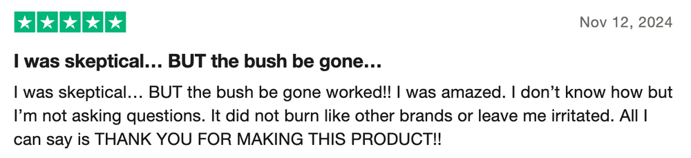 5-star review praising natural skincare for intimate areas that soothes, reduces irritation, and works effectively.