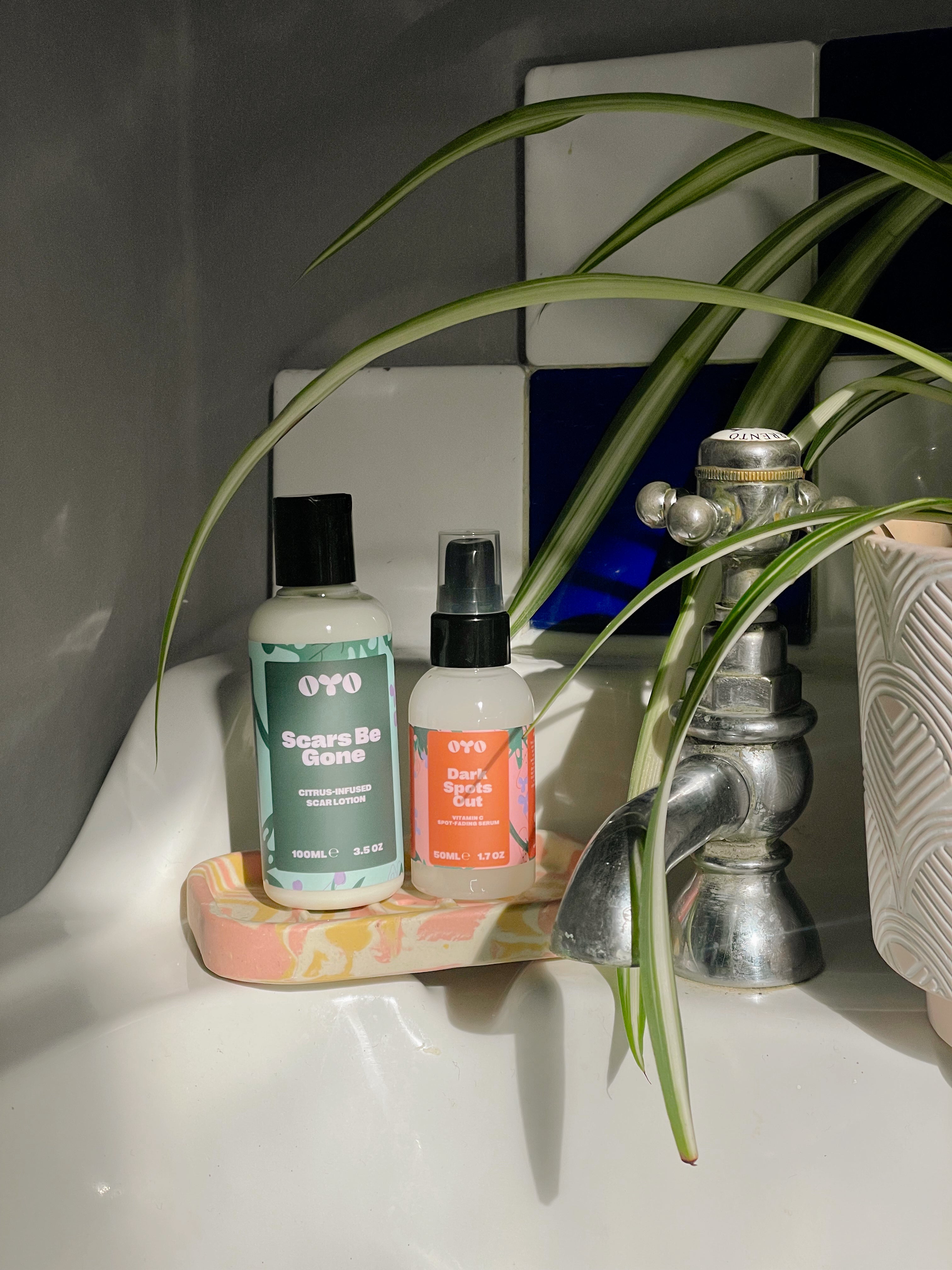 Natural skincare bottles for effective intimate routines, reducing bumps and ingrowns, made by women for all skin types.