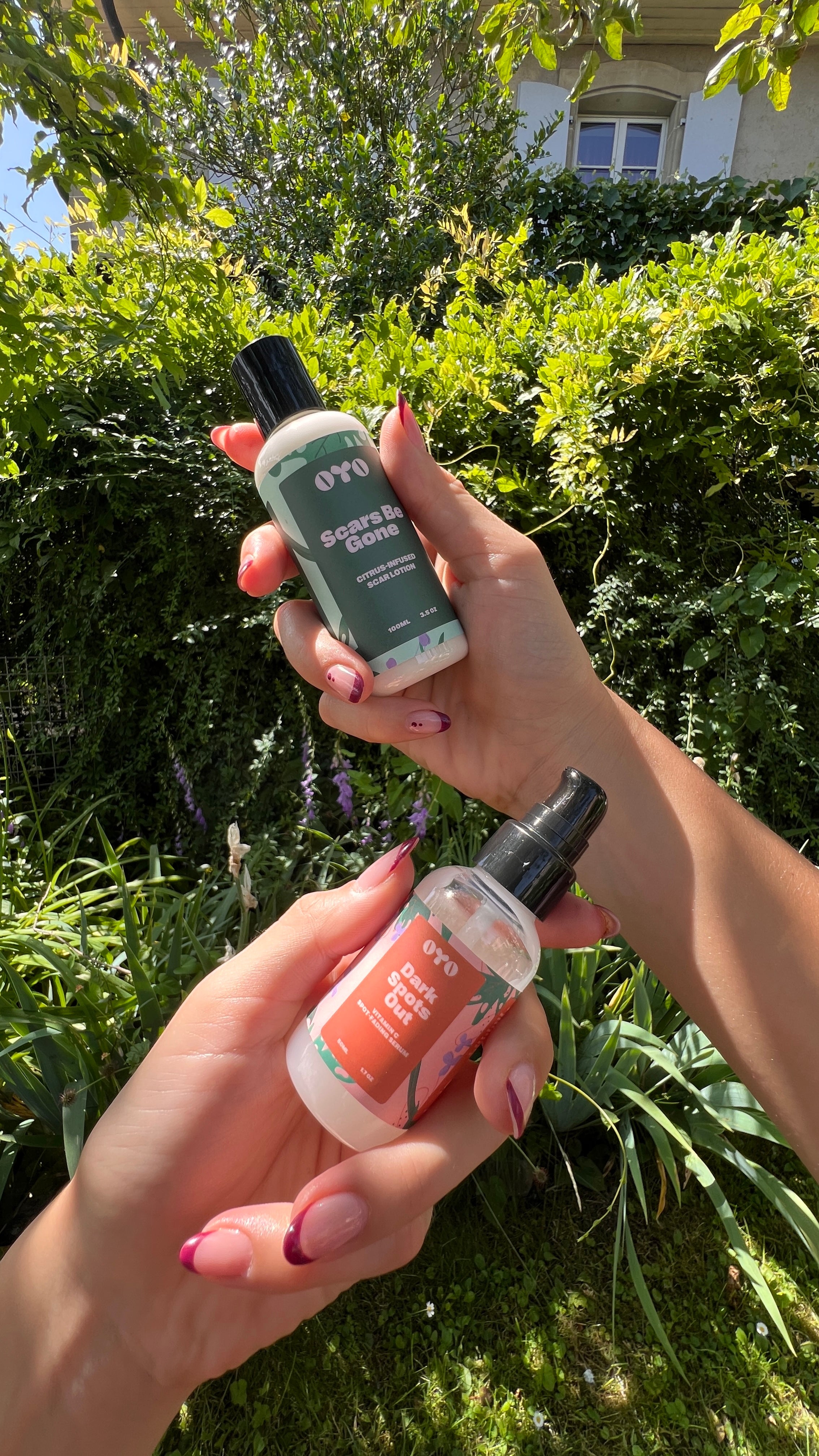 Two natural skincare products in hands, perfect for soothing irritation and handling flare-ups, trusted by 100k+ women.